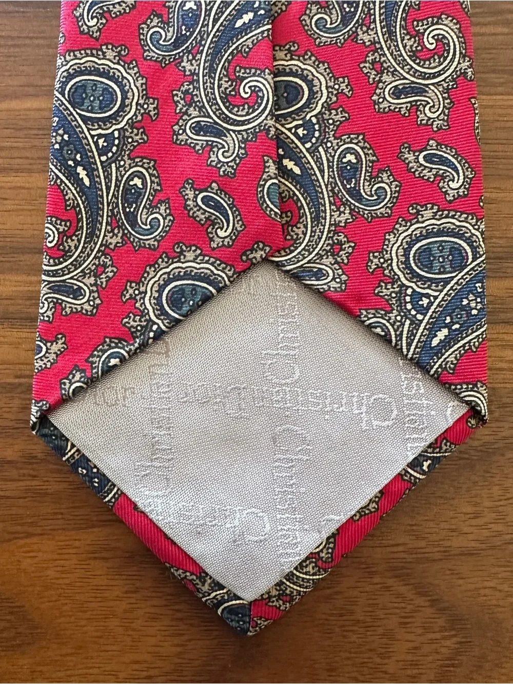 Christian Dior Pink-Red Paisley Silk Tie with Navy Accents